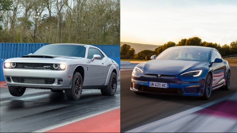 Split Image: Dodge Challenger Demon 170 And Tesla Model S Plaid At The Track