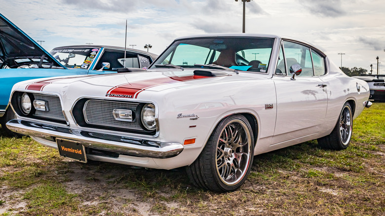 White striped 1969 Plymouth Barracuda