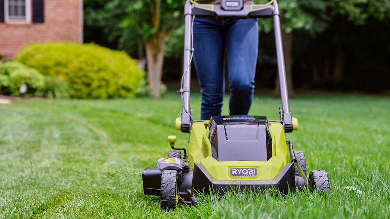 person pushing Ryobi lawn mower