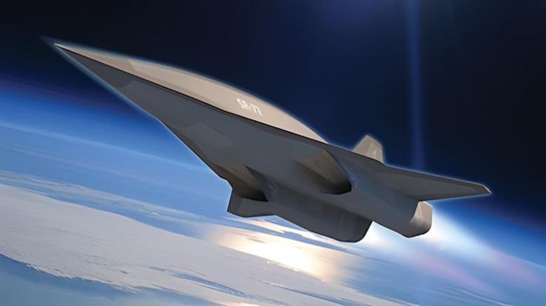 Concept artwork of Lockheed Martin's SR-72 stealth aircraft flying high over the Earth's surface