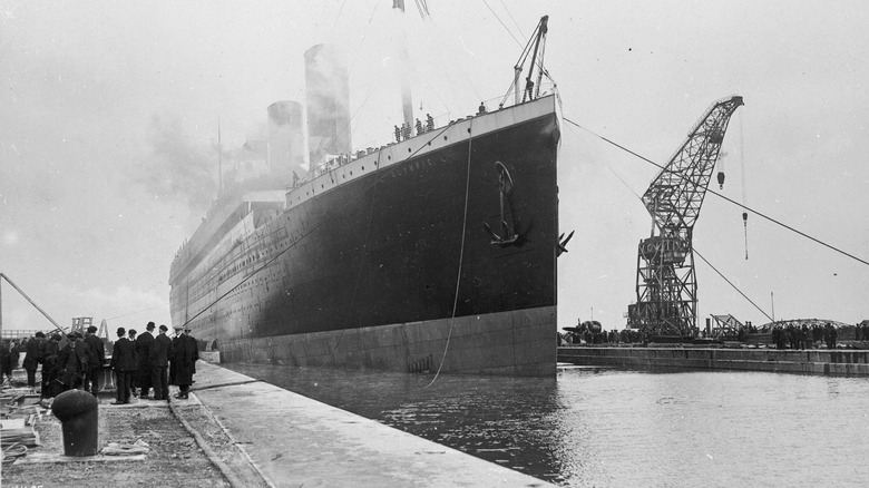 A black and white image of the Titanic