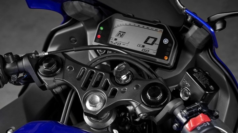 Yamaha R3 dashboard screen and handlebars