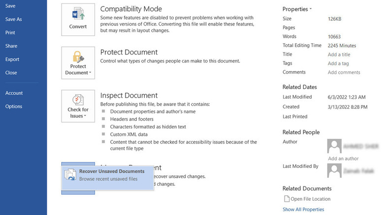 Recover unsaved documents option in Word