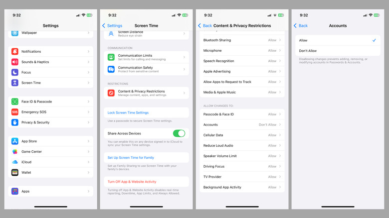 Disabling content and privacy restrictions on account changes on iPhone