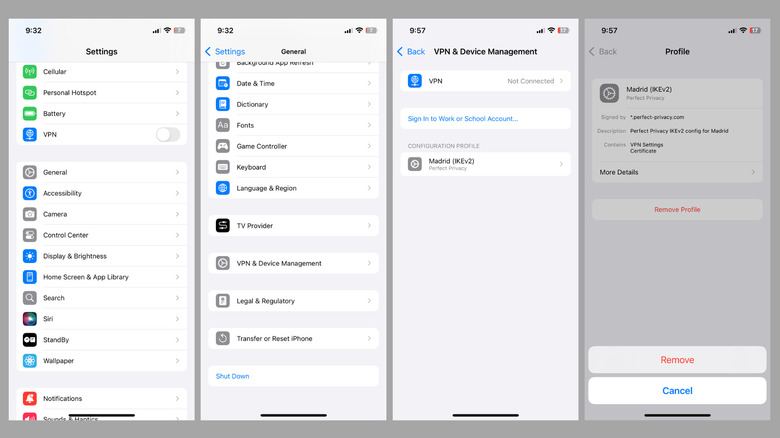 Removing configuration profile from iPhone settings