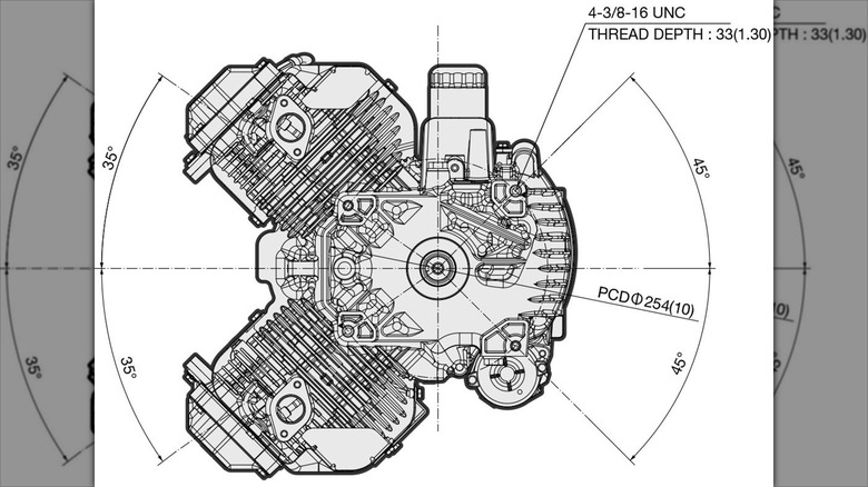 A technical blueprint of a Kawasaki V-twin engine.