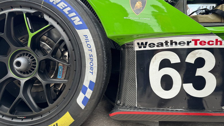 Lamborghini SC63 LMDh car front wheel and aero detail