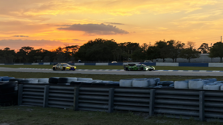 Lamborghini SC63 LMDh car racing as the sun sets at Sebring