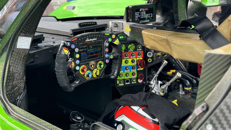 Lamborghini SC63 LMDh car cockpit and steering wheel detail