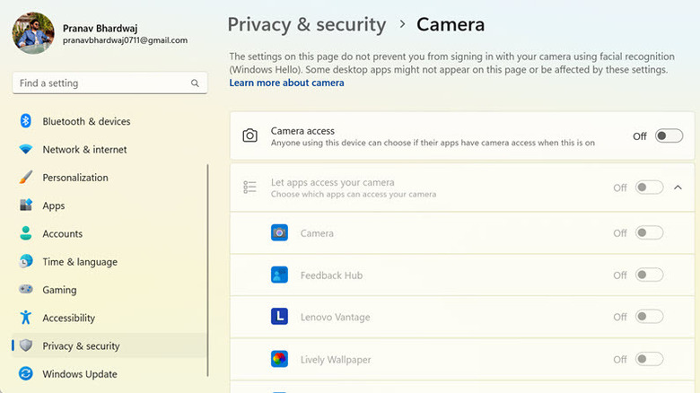 Windows 11 Privacy & security camera settings