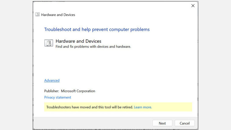 Windows hardware and devices troubleshooting menu