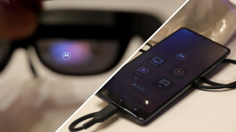 Glasses with Motorola logo and smartphone