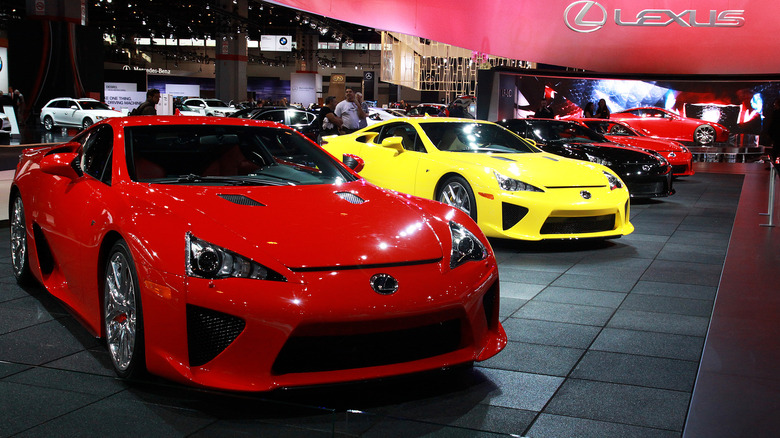 Row of Lexus LFAs at motor show