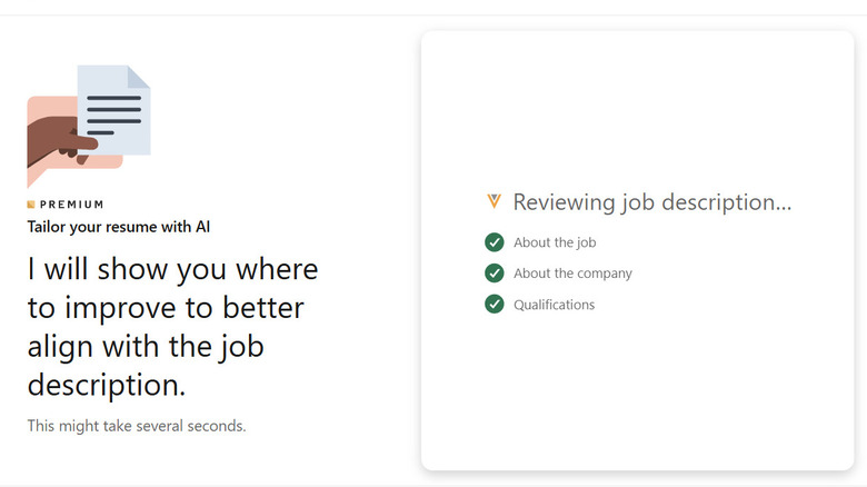 LinkedIn screenshot showing wait screen when asked "Am I a good fit?" for a job. The text says "I will show you where to improve to better align with the job description. This might take several seconds."