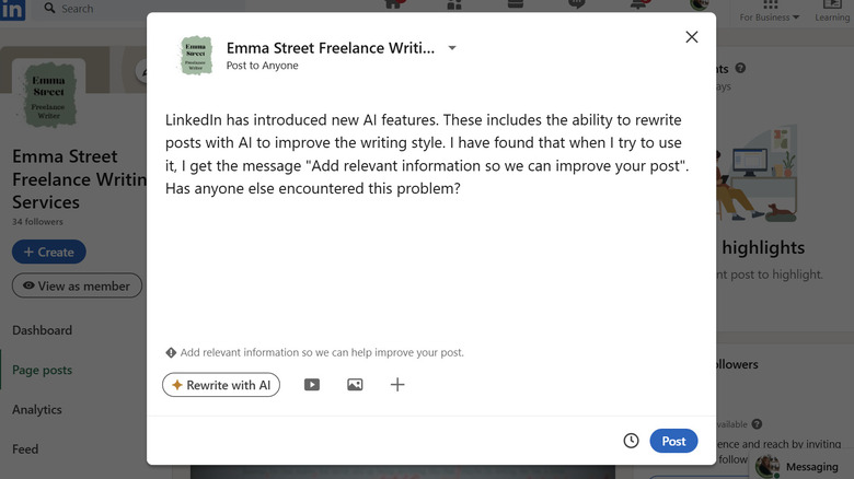LinkedIn post window showing a post about getting errors when using AI rewrite and the warning message "Add relevant information so we can help improve your post"