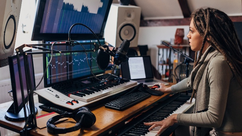 Music producer behind her desk