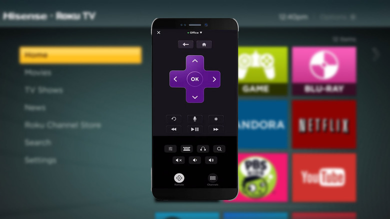 Roku app remote with a Roku screen in the background