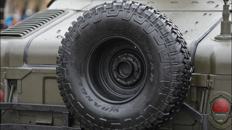 Closeup of high-profile tire on military vehicle