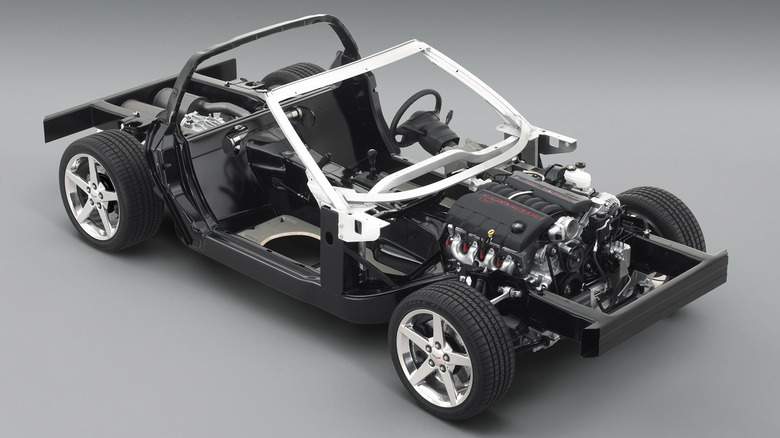 Corvette chassis with LS engine visible