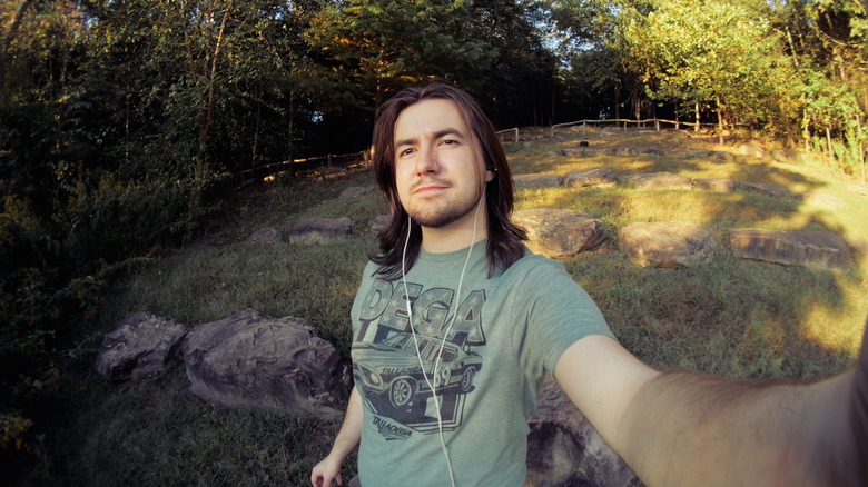 Selfie in the woods with a fisheye lens