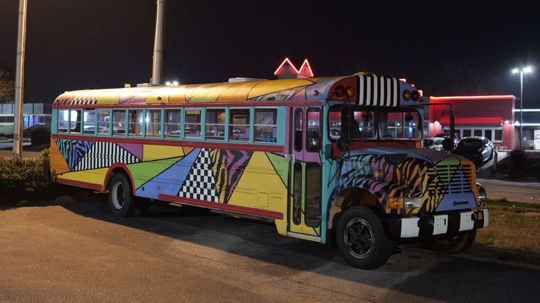 School bus painted in wild colors