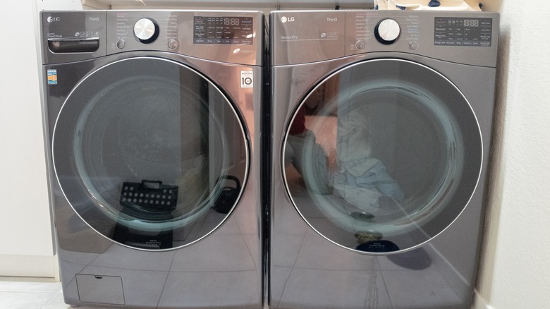 LG washer and dryer set in a washroom