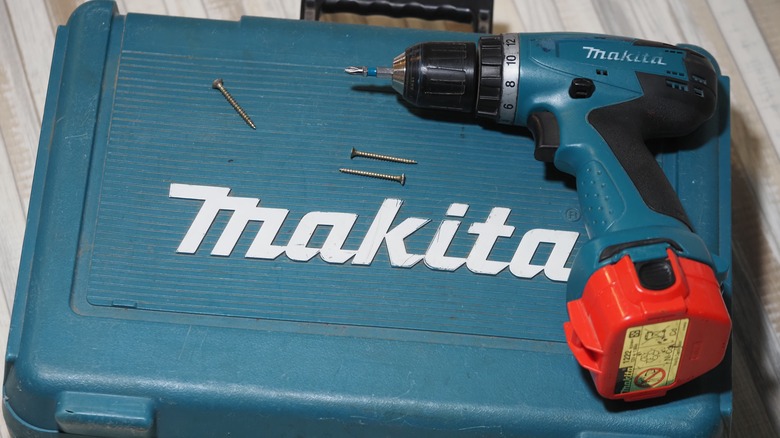 Makita power drill on tool box