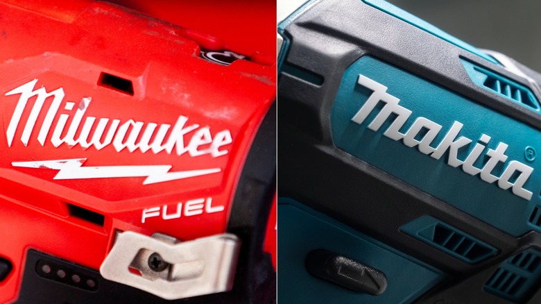 closeup of milwaukee and makita brand names