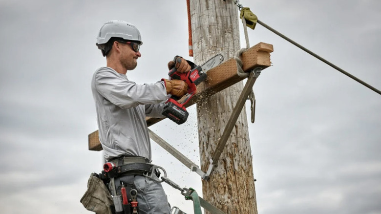 Man on a telephone pole cutting through a piece of wood with a Milwaukee pruning saw