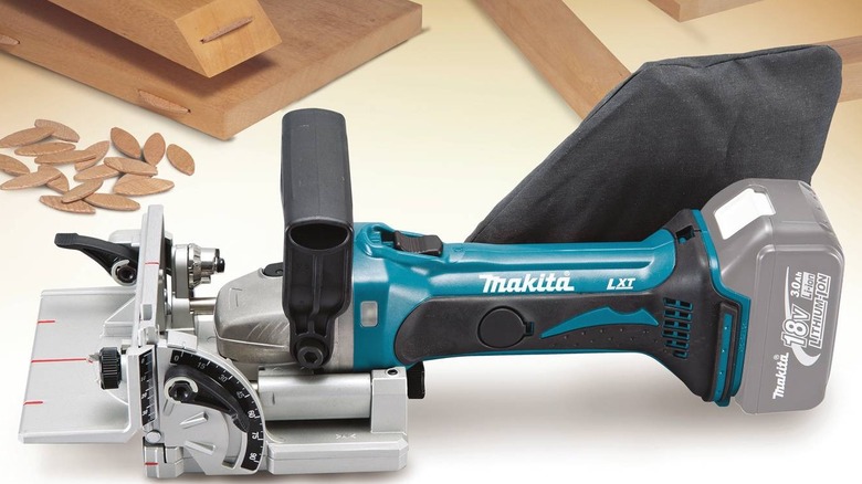 Makita plate joiner next to wooden components