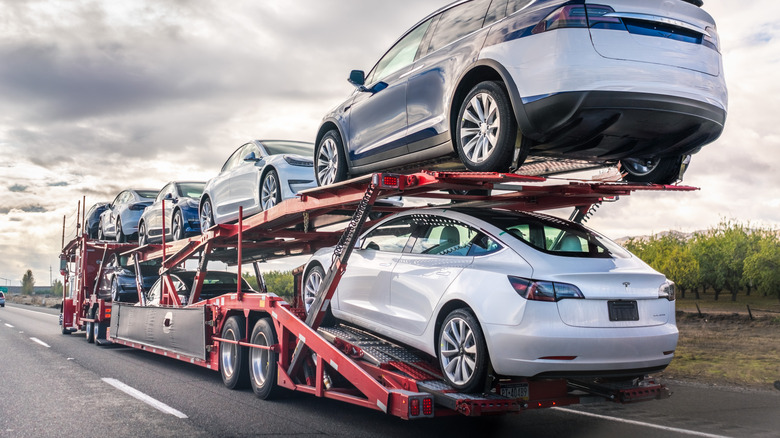 Tesla cars on transporter
