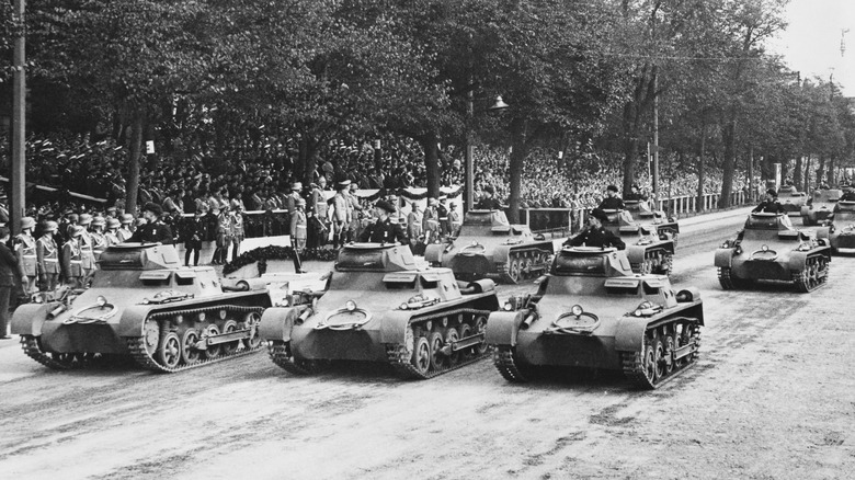 Formation of Panzerkampfwagen I light tanks as they drive past Hitler September 1937