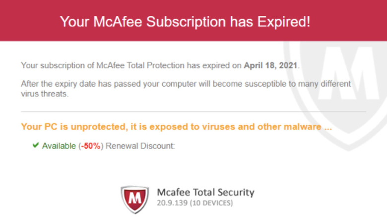 Fake McAfee subscription expired pop-up 