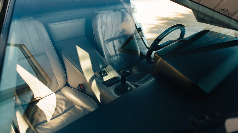 Inside the spartan, basic interior of the Countach.