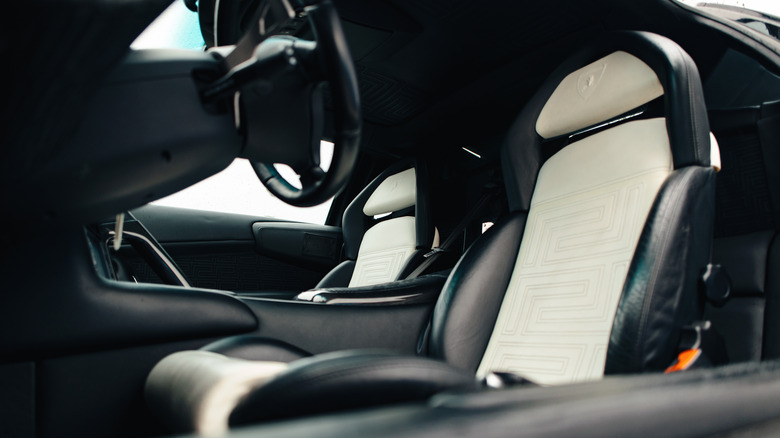 Inside the Lamborghini Murcielago, showing the Versace interior.