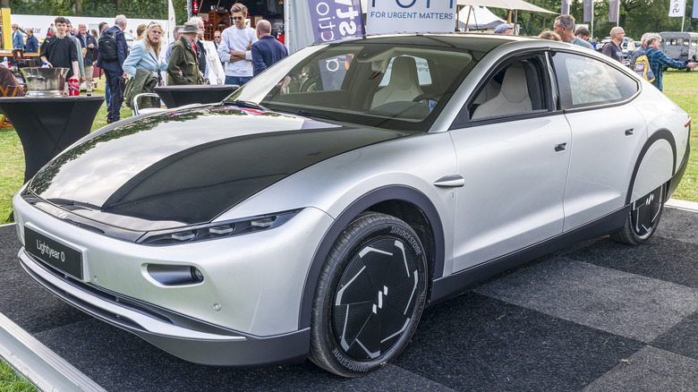 A prototype of the Lightyear 0 solar car which came clad in solar panels