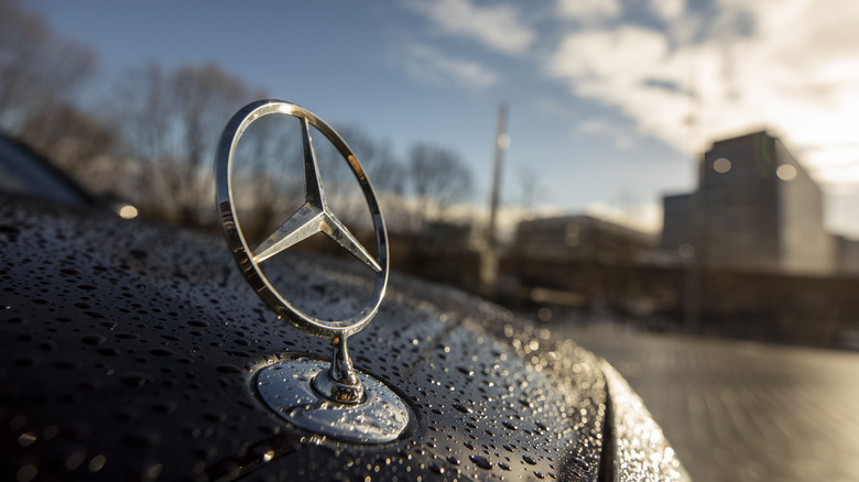 mercedes hood ornament with sky in background