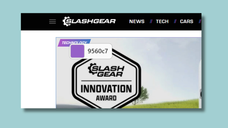 A detail from a screenshot showing the SlashGear front page and the Color Picker hovering cursor showing the hex code for a shade of purple on the page.