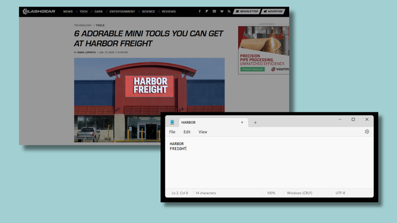 Screenshot of SlashGear news story with a photo of a storefront with the words 'Harbor Freight' on it. Next to it is another screenshot of the Windows notepad text editor showing the words HARBOR FREIGHT