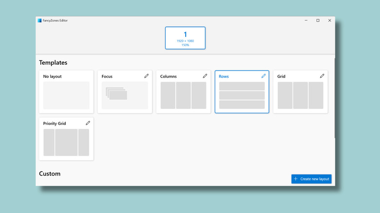 Screenshot of Microsoft PowerToy's FancyZones templates page