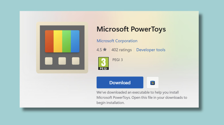 A screenshot of the Microsoft store showing Microsoft PowerToys, its logo, description and Downloaad button