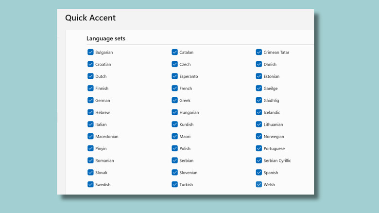 Screenshot showing the Quick Accent settings page and the full list of language sets