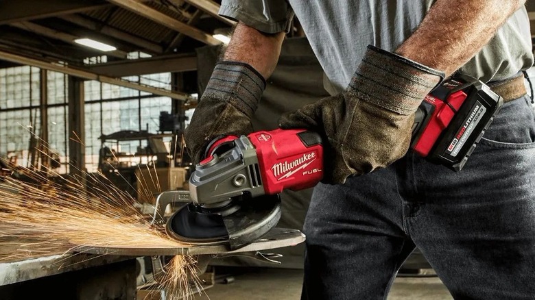 Milwaukee Fuel angle grinder on a job site