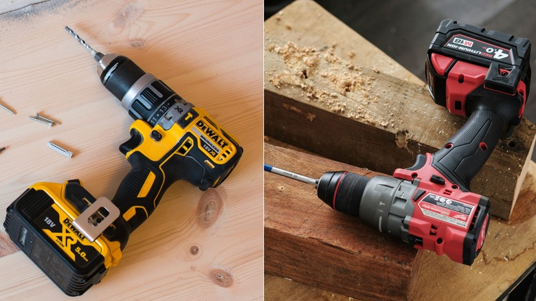 DeWalt and Milwuakee drills on wood