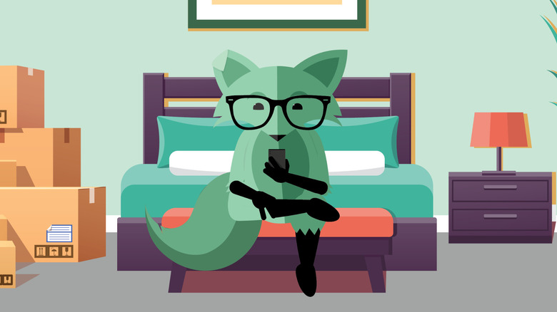 Illustration of mint mobile mascot on bed