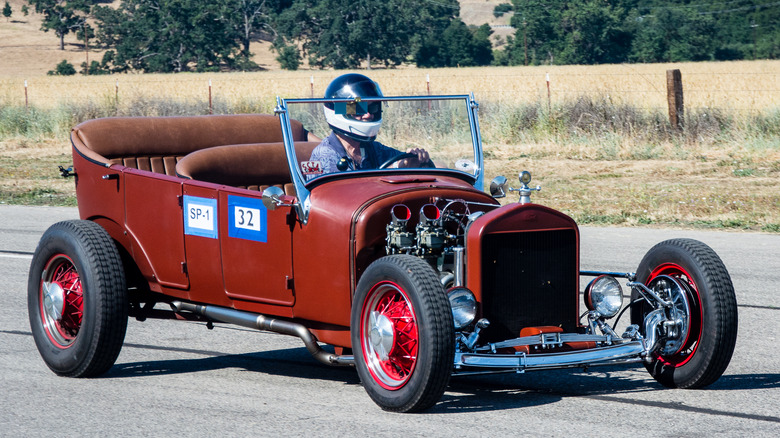 A red Ford Model T "Tub" hot-rod race car.