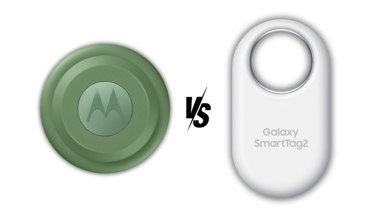 The Moto Tag in green and Galaxy SmartTag2 in white with a versus symbol in between