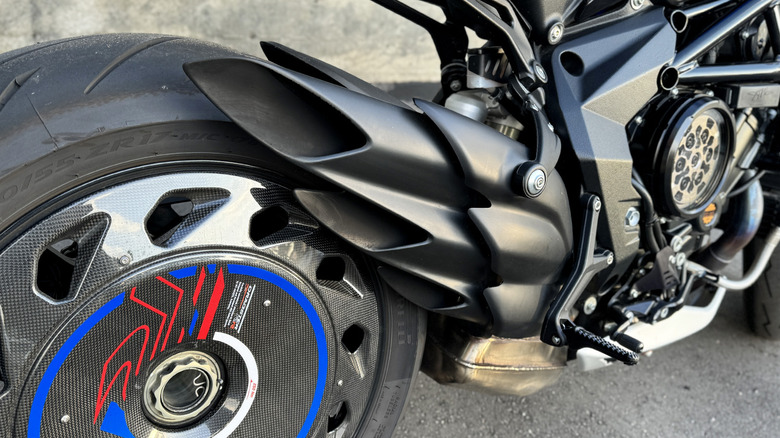 MV Agusta Dragster RR America rear carbon wheel cover and triple exhaust detail