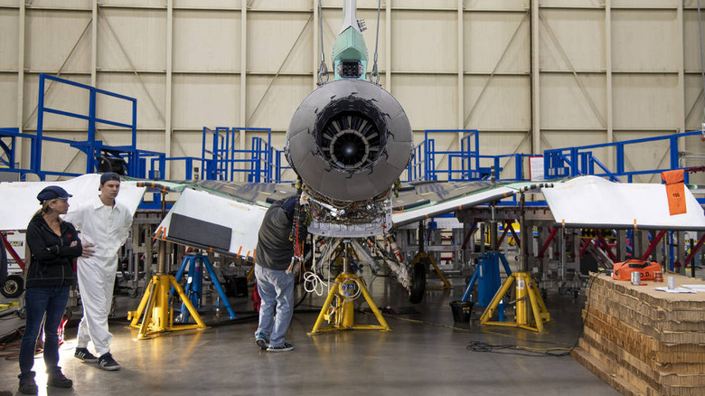 Engine being installed on the NASA X-59 aircraft.