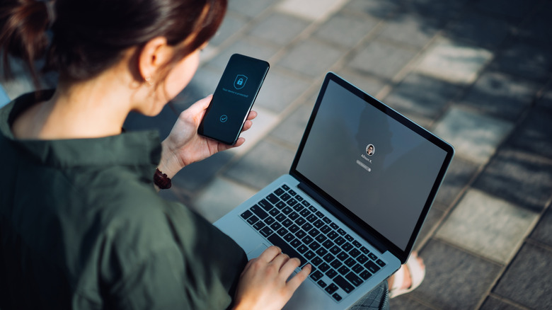 Woman logging onto her computer